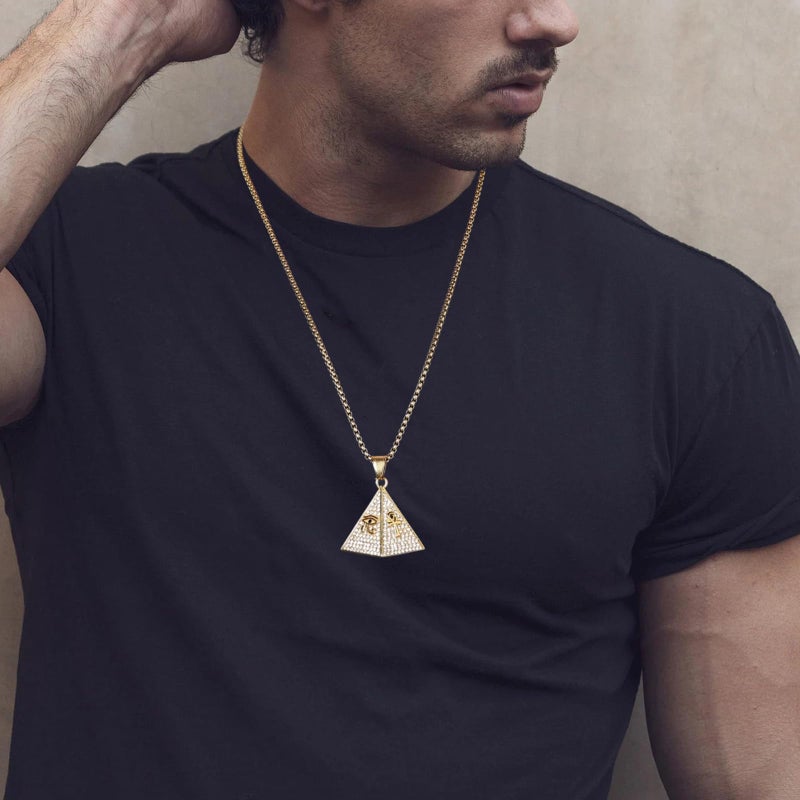 AsAlways 18K Gold Plated Pyramid Necklace for Men Stainless Steel Cubic Zirconia Coptic Ankh Cross Eye of Horus Ancient Egypt Pendant Necklace - Image 3